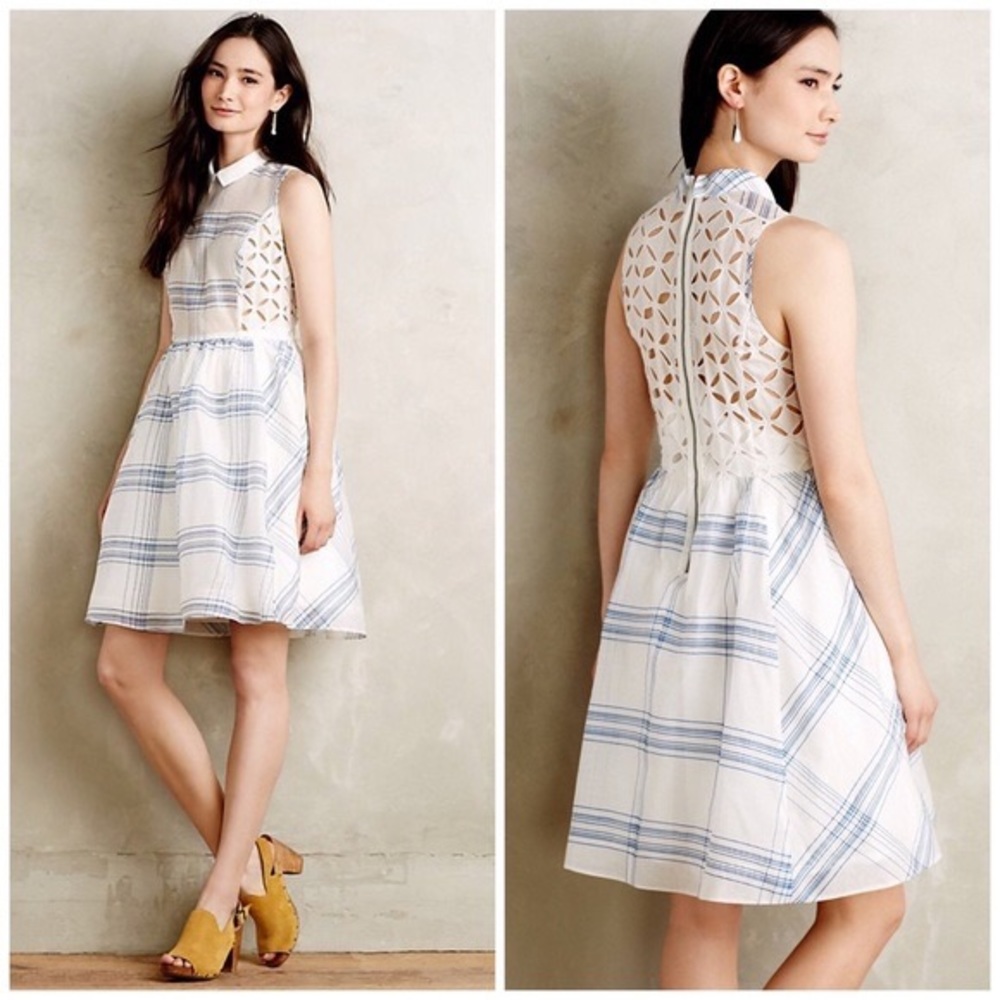 MOULINETTE SOEURS Anthropologie White Blue Seapane Dress